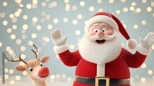 Santa Claus and a reindeer wave cheerfully under soft festive lights, spreading joy and warmth in a holiday setting.