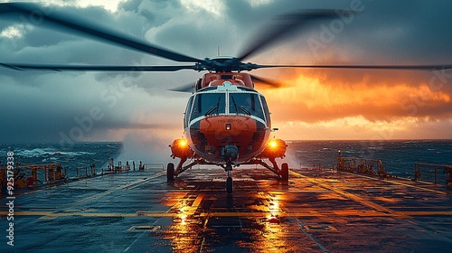 Helicopter Landing on Oil Rig: A helicopter touching down on an oil rig s helipad, with blades whirling and the ocean far below. photo