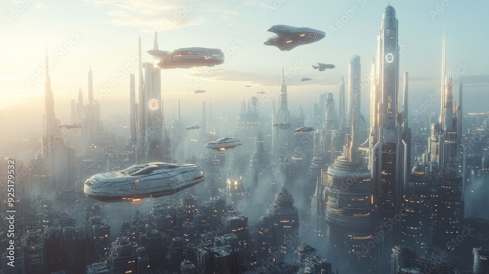 Futuristic Cityscape with Flying Vehicles Futuristic Cityscape with Flying Vehicles