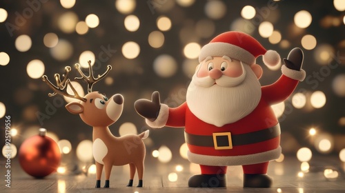 Santa Claus and a reindeer share a festive moment under warm Christmas lights, capturing the joy and spirit of the holiday season.