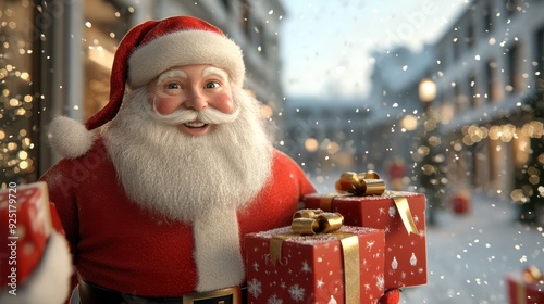 Santa Claus delivers Christmas gifts in a snowy winter street, spreading joy and holiday cheer with every present given..