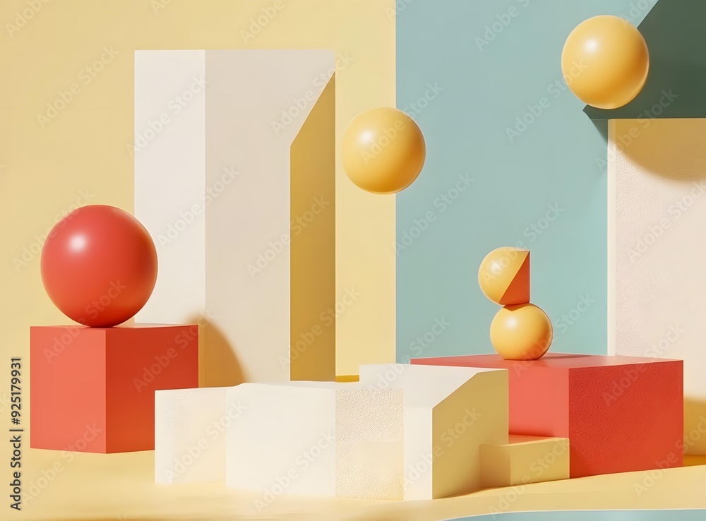 Abstract Background with Geometric Shapes and Colorful Spheres