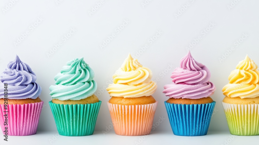 Row of five vibrant cupcakes with colorful frosting in pink, yellow, and blue, against a light gray background. Row of five vibrant cupcakes with colorful frosting in pink, yellow, and blue, against a light gray background.