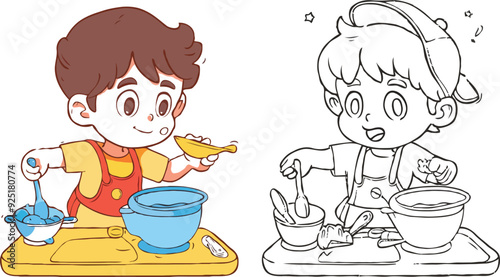 coloring page simple drawing of cartoon character in the cake shop, coloring book 