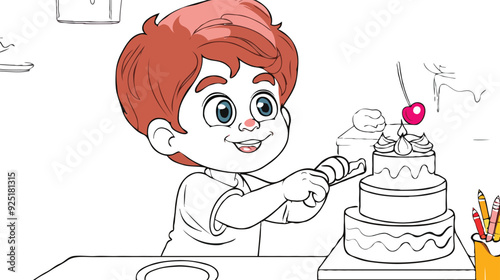 coloring page simple drawing of cartoon character in the cake shop, coloring book 