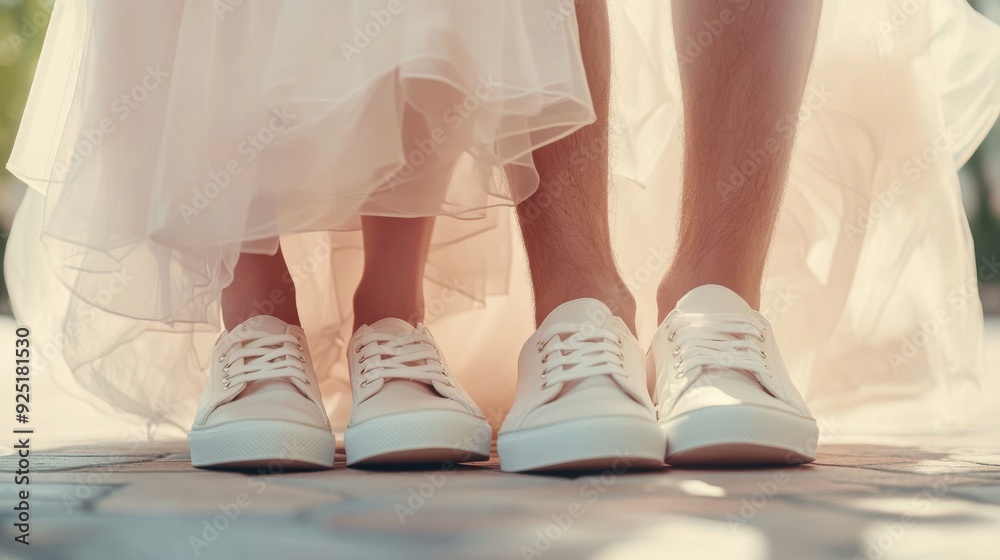 Close up of wedding footwear: the bride chic shoe and groom’s old-school sneakers create a minimal, retro look. Close up of wedding footwear: the bride chic shoe and groom’s old-school sneakers create a minimal, retro look.