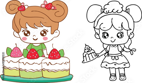 coloring page simple drawing of cartoon character in the cake shop, coloring book 