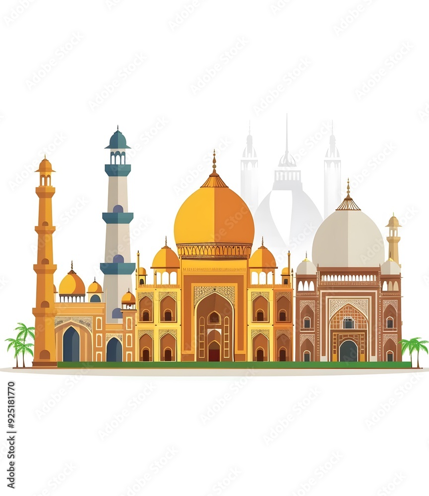 Obraz premium Indian Architecture Illustration with Mosques and Domes