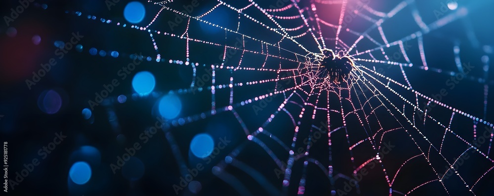 Close-up of a spider web illuminated by colorful light, showcasing intricate patterns and texture in a dark, moody environment.