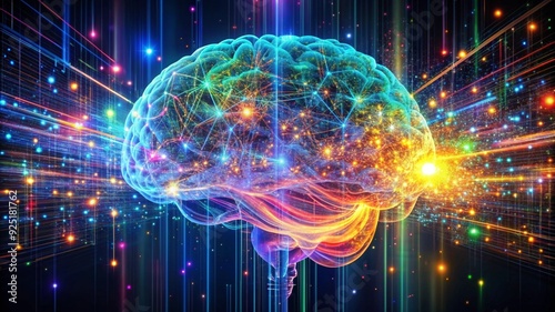 digital brain illuminated with streams of colorful data