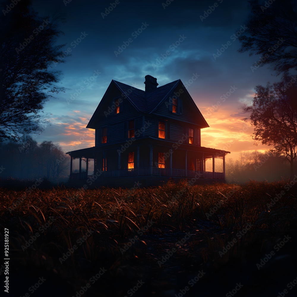 Eerie mansion illuminated at dusk, surrounded by fog and tall grass, creating a haunting and mysterious atmosphere. Eerie mansion illuminated at dusk, surrounded by fog and tall grass, creating a haunting and mysterious atmosphere.