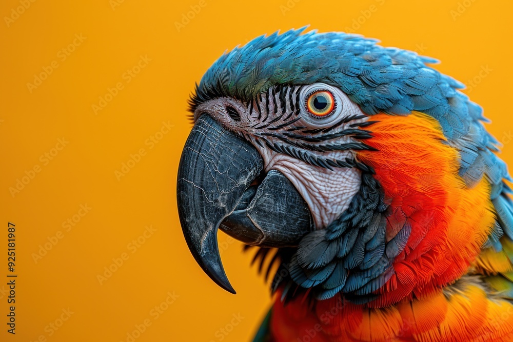 Fototapeta premium Funny commercial photo of a parrot with bright makeup on a plain yellow background