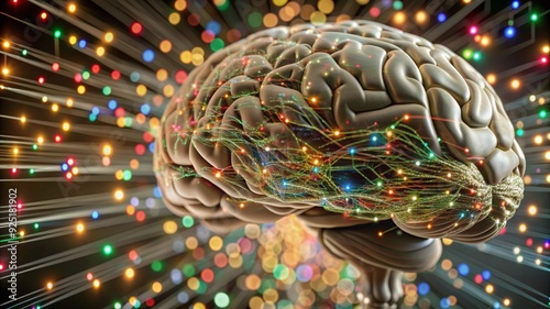 digital brain illuminated with streams of colorful data