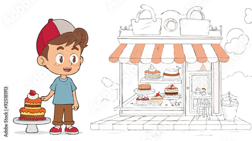 coloring page simple drawing of cartoon character in the cake shop, coloring book 