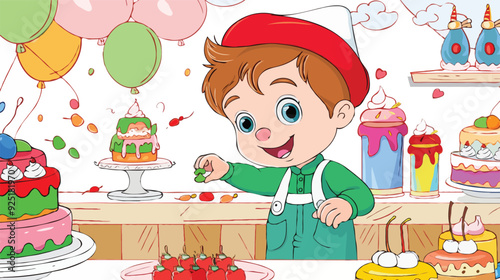 coloring page simple drawing of cartoon character in the cake shop, coloring book 