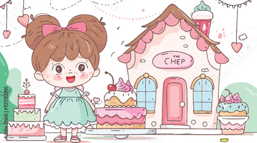 coloring page simple drawing of cartoon character in the cake shop, coloring book 