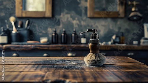 Backdrop with a barber concept with a wooden table razor and brush