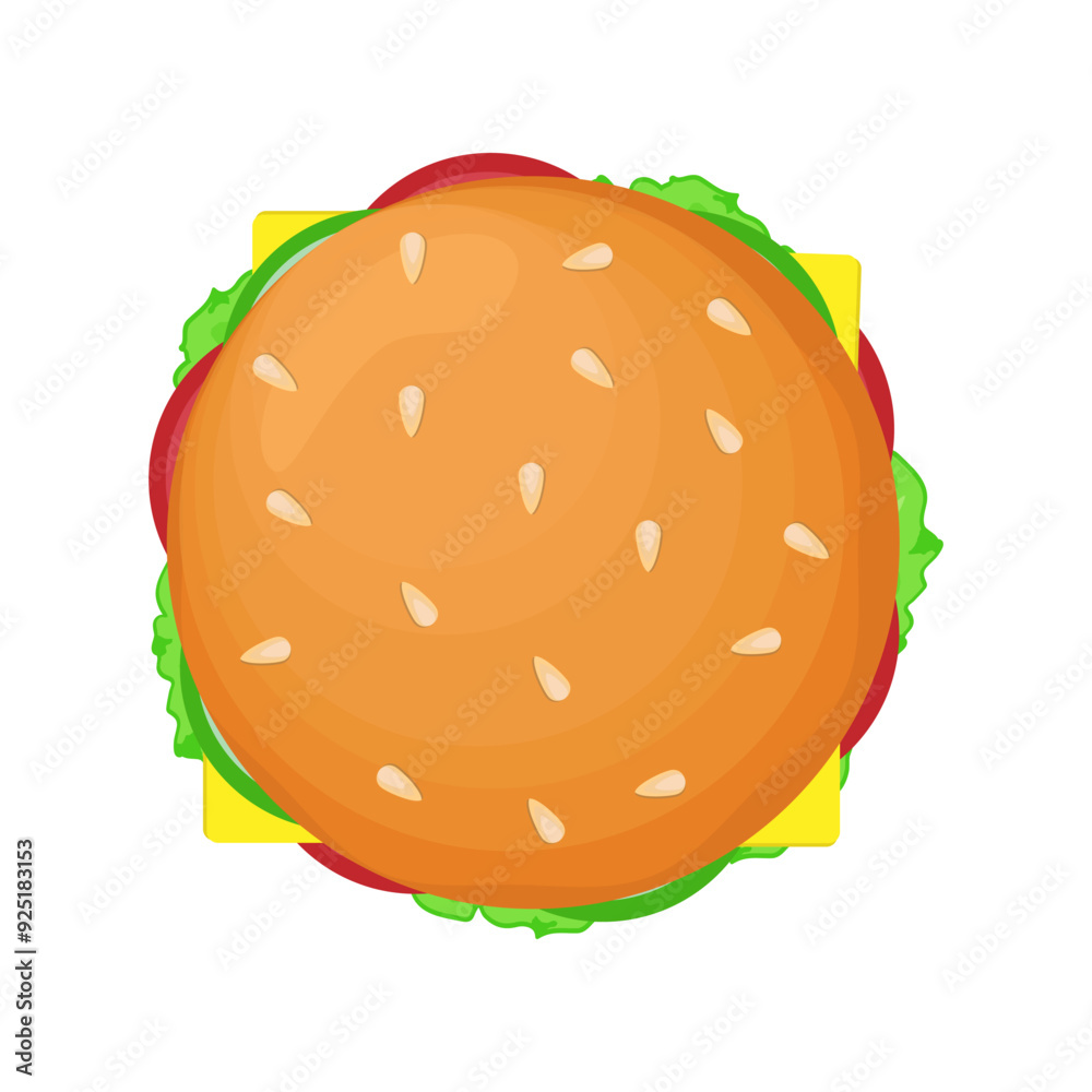 Burger vector illustration. Cartoon isolated top view of hamburgers bun with sesame, cheeseburger