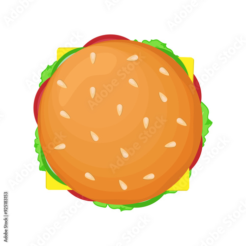 Obraz na płótnie Burger vector illustration. Cartoon isolated top view of hamburgers bun with sesame, cheeseburger w salonie