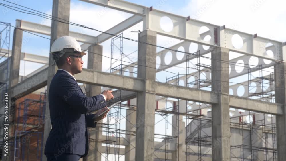 Asian adult foreman stands in front of the construction inspecting a construction project with determination. Engineer inspects construction.