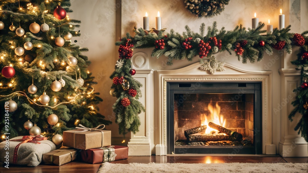 Elegant Christmas Living Room with a Decorated Tree and Fireplace Adorned with Garland and Candles Elegant Christmas Living Room with a Decorated Tree and Fireplace Adorned with Garland and Candles
