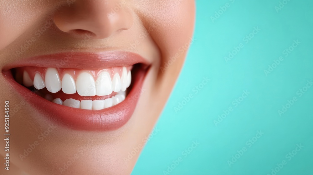 Close-up of a woman smiling, showing perfect white teeth with pink lips. Close-up of a woman smiling, showing perfect white teeth with pink lips.