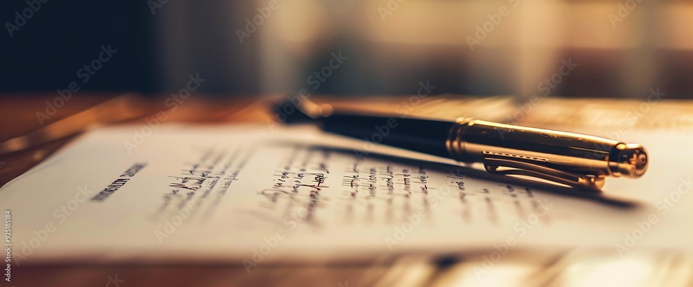 Fototapeta premium A gold pen resting on a document with handwritten text.