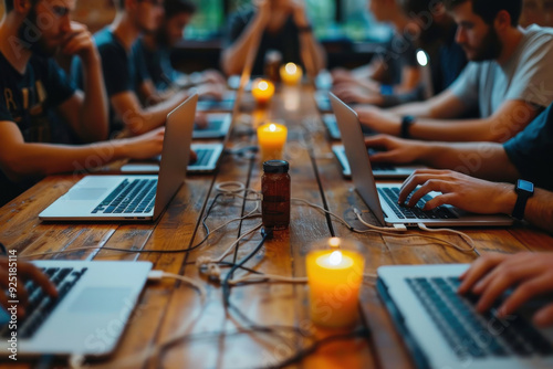 Wallpaper Mural Individuals are typing on laptops, collaborating in a warmly lit shared workspace, creating a social and productive environment ideal for co-working or group projects. Torontodigital.ca