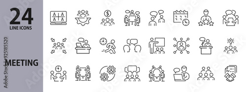 Meeting line icons set with Presentation, Seminar, Idea, Work, Time, and more. Editable Stroke