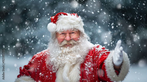 Santa Claus Laughs And Waves To Camera, Santa Claus in eyeglasses is looking at camera and smiling, Santa Claus with checklist, portrait, close-up, Emotional Santa Claus, Pictures of Vintage Real 