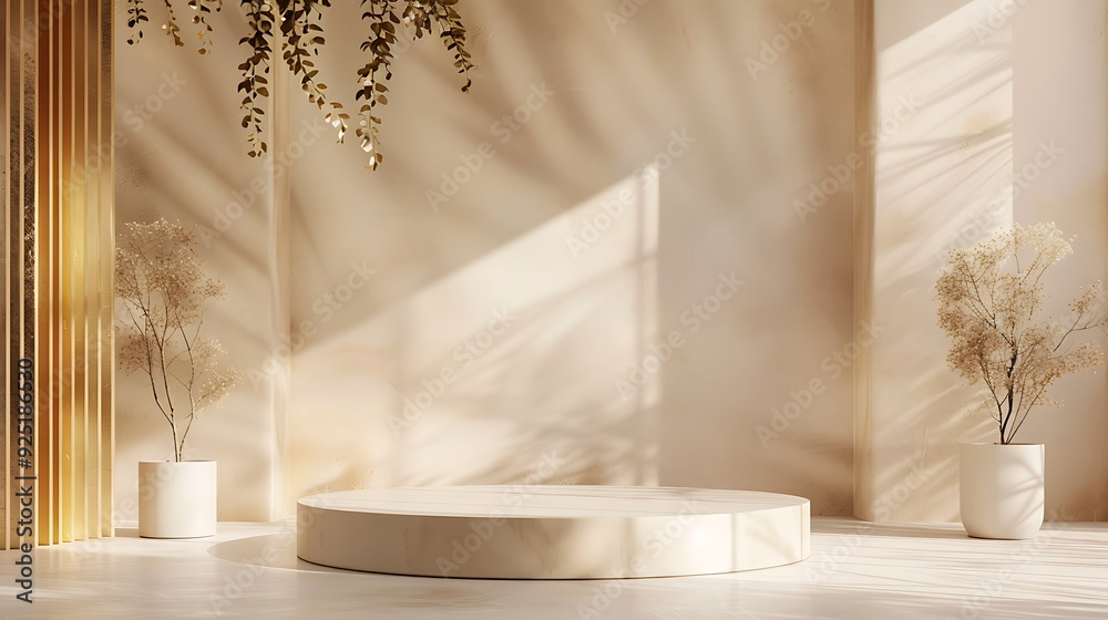 Background product for pedestal three dimensional studio marketing background in beige and gold aesthetic platform nature