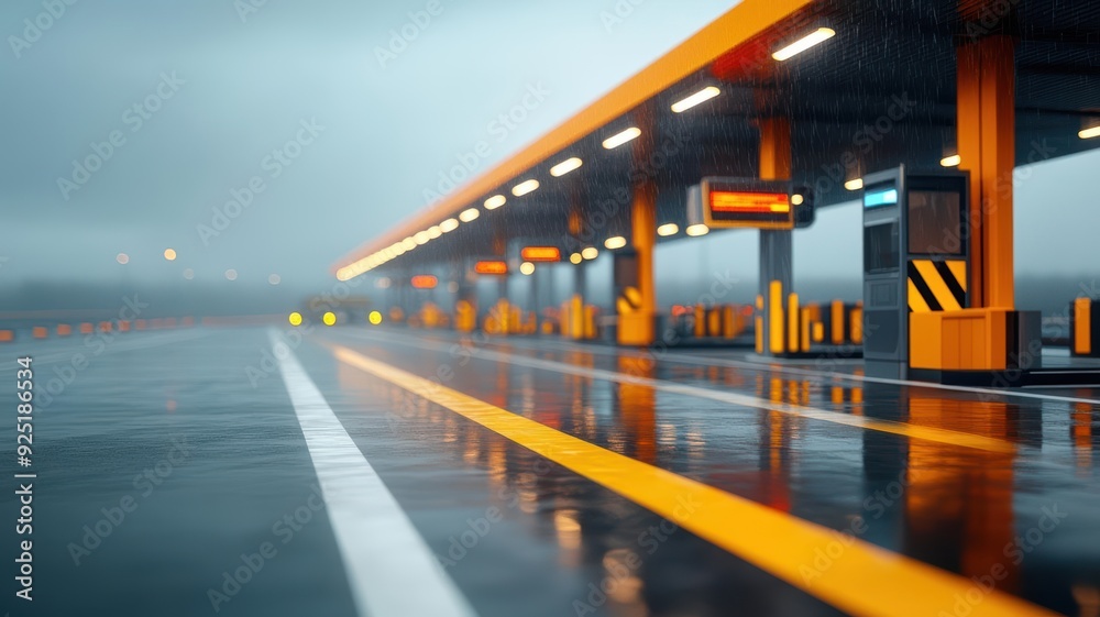 A modern transport terminal with glowing orange lights on a rainy day, featuring wet pavement and a serene atmosphere.