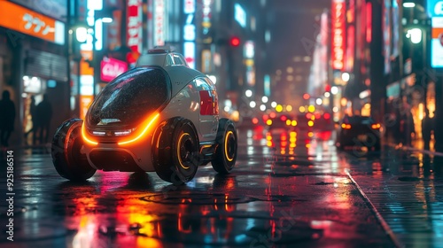 A futuristic autonomous vehicle navigates a neon-lit, rainy city street at night in a cyberpunk setting.