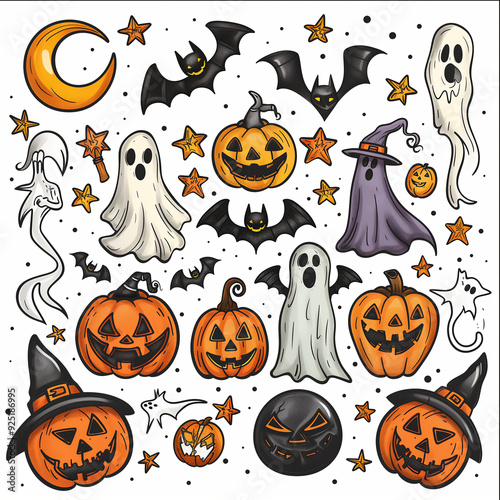 Colorful Halloween clipart set with pumpkins, ghosts, bats, and witches on a white background