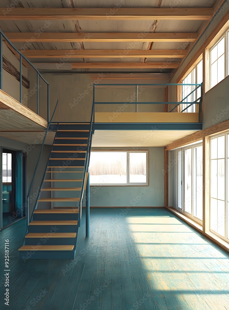Modern Loft Interior Design with Wooden Beams and Stairs