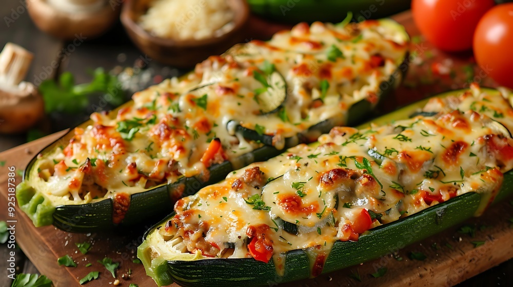 Baked zucchini boats filled with cheese topped veggies fungi and minced chicken