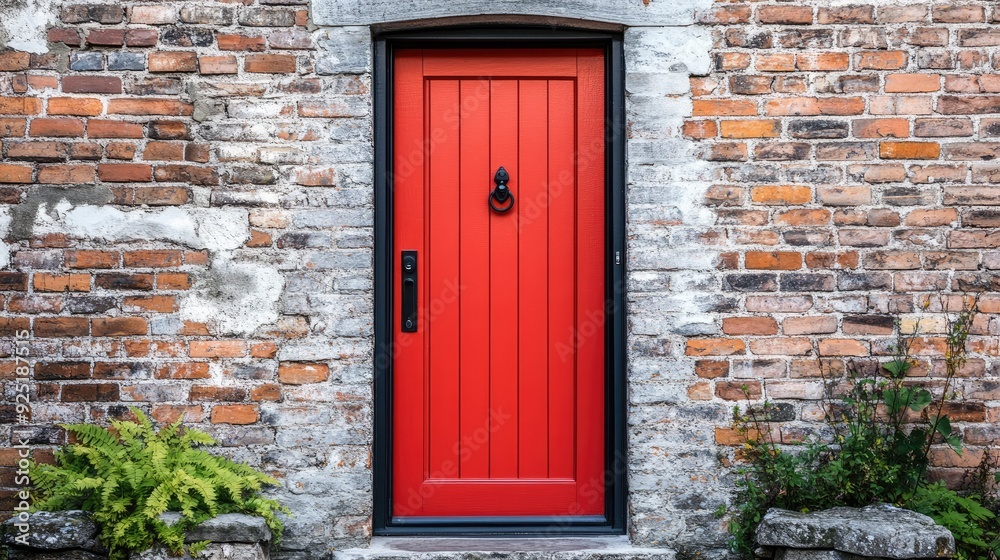 A bold red door with a sleek black handle, perfectly contrasting with the rugged bricks of the building it adorns A bold red door with a sleek black handle, perfectly contrasting with the rugged bricks of the building it adorns