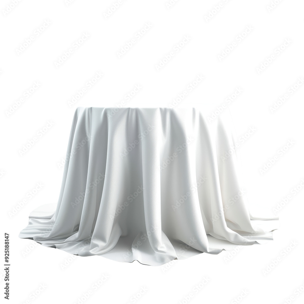 A white tablecloth is draped over a table, creating a sense of mystery, transparent or white background A white tablecloth is draped over a table, creating a sense of mystery, transparent or white background