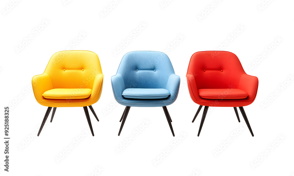 Obraz premium Three modern armchairs in vibrant yellow, blue, and red, arranged side by side, isolated on a white background, showcasing bold and contemporary design.