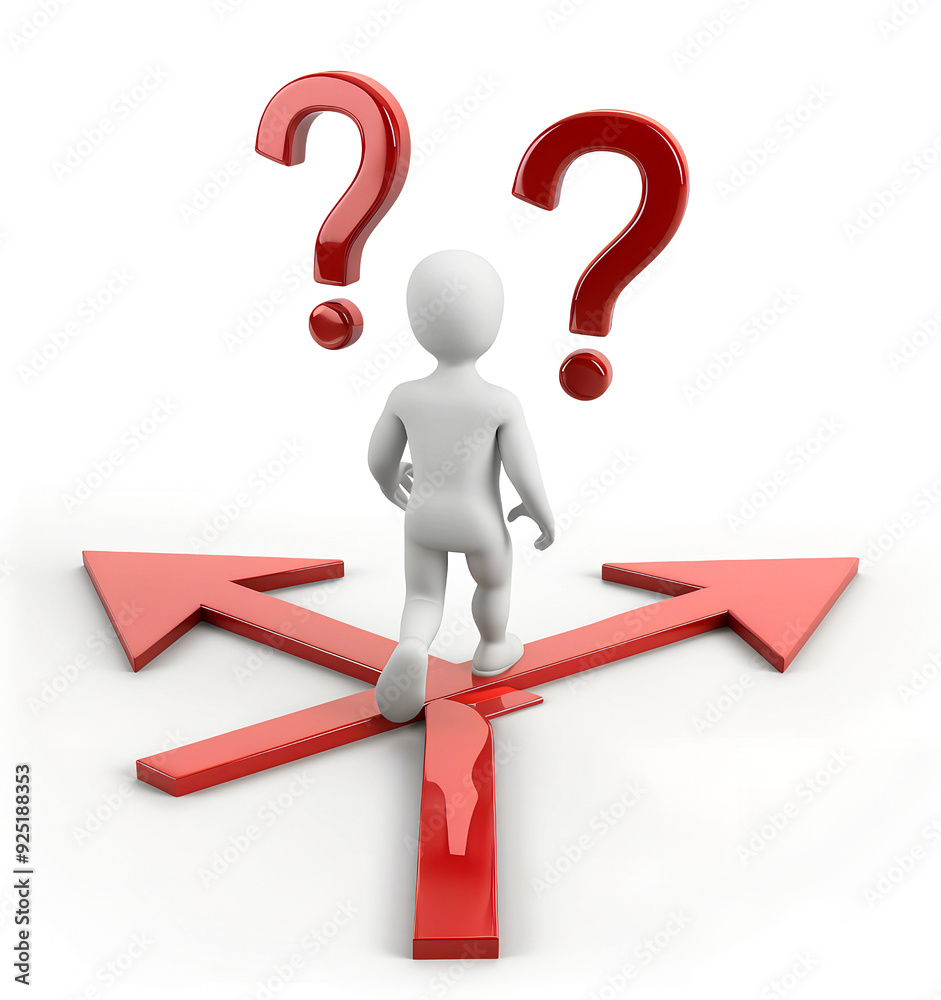 3D render of a person standing on a red arrow pointing in different directions 3D render of a person standing on a red arrow pointing in different directions