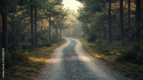 Gravel road in pine forest, rustic and rural charm