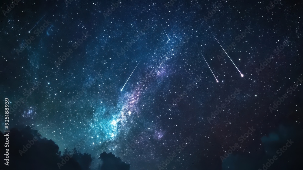 A stunning view of the night sky filled with stars and shooting stars, showcasing the beauty of the cosmos and distant galaxies. A stunning view of the night sky filled with stars and shooting stars, showcasing the beauty of the cosmos and distant galaxies.