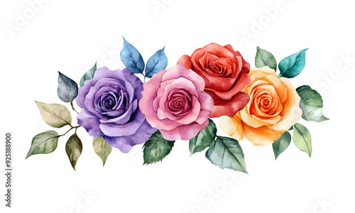 Watercolor illustration of a bouquet featuring vibrant roses in purple, pink, red, and yellow, accented by green and blue leaves.