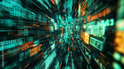 Digital background featuring data and numbers, creating an atmosphere of technology and innovation. A blur effect adds movement to the scene