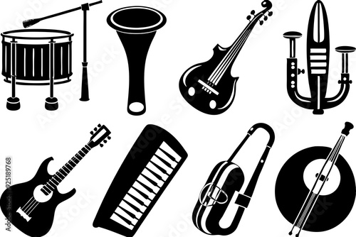 Silhouette Vector Icons of Musical Instruments: Guitar, Piano, Violin, Drum, Trumpet, Saxophone, Flute