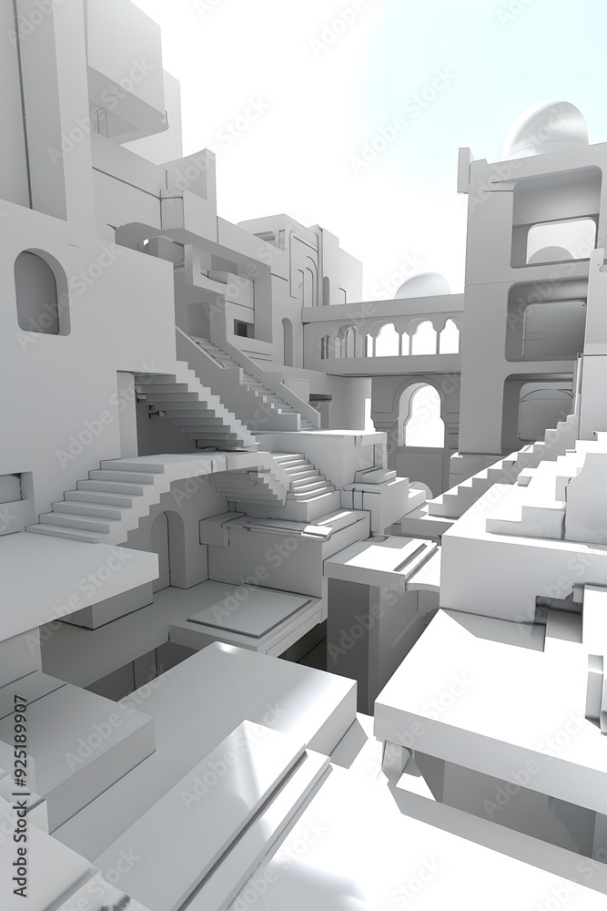 Naklejka premium Abstract White Architectural Structure with Multiple Stairs and Arched Windows