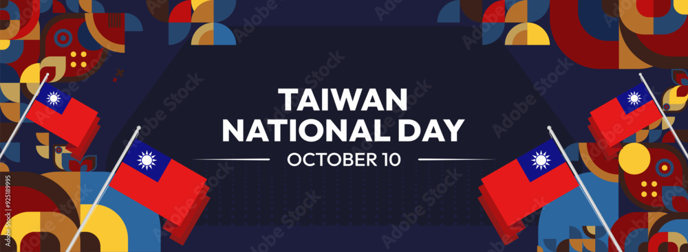 Obraz premium Taiwan National Day banner in modern geometric style. Wide banner greeting card with country flag. Double Tenth Day October 10th as Taiwan national holiday. Happy National Day of the Republic of China