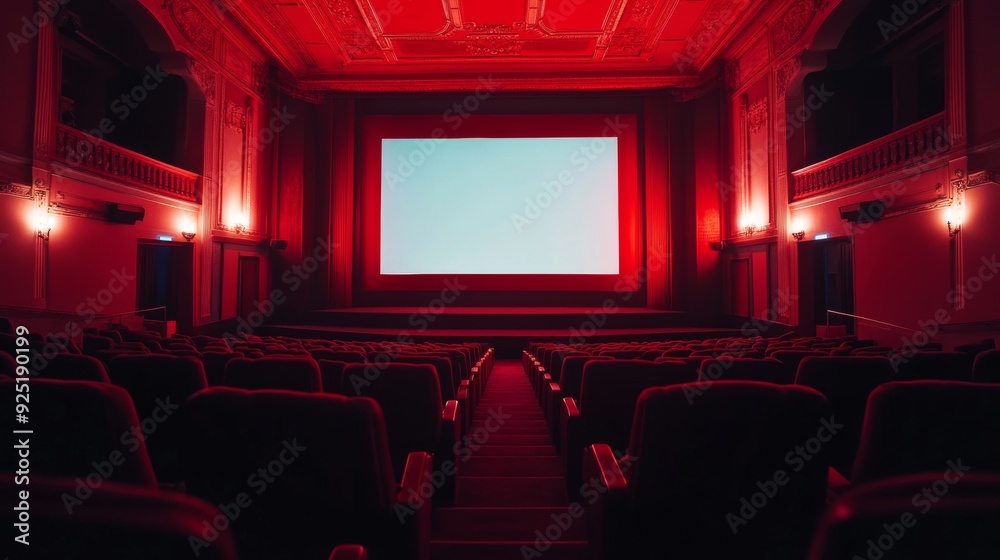 Fototapeta premium Empty movie theater with blank screen in dark auditorium