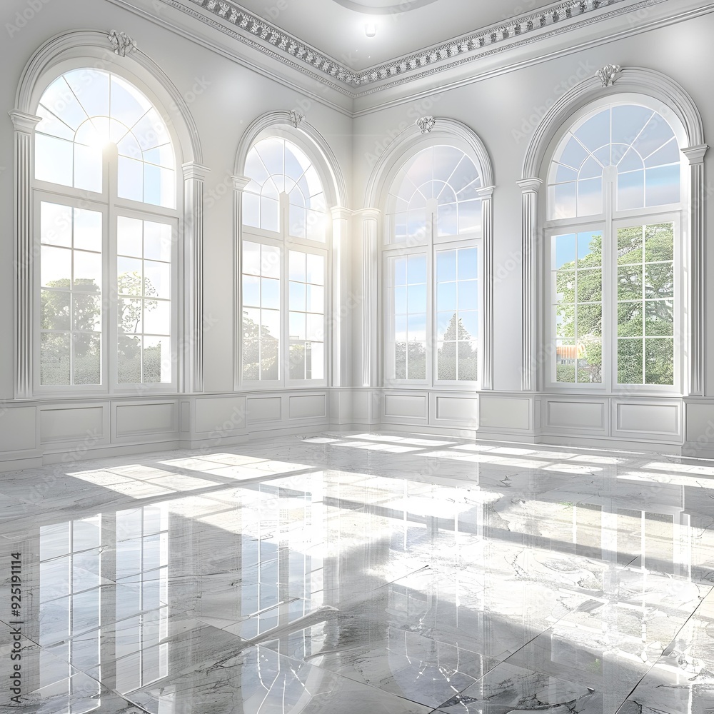 White Room with Large Arched Windows and Marble Floor White Room with Large Arched Windows and Marble Floor