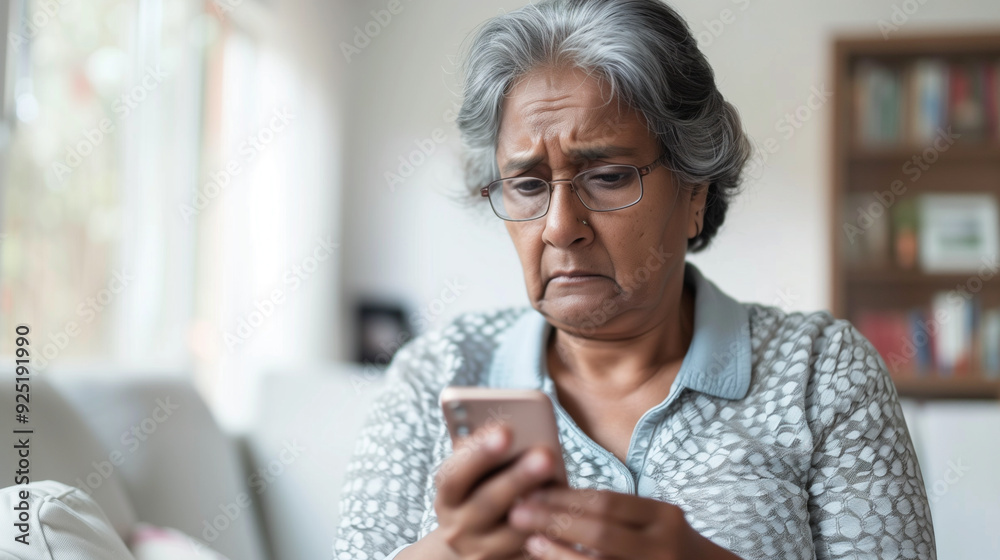 Aging society. An elderly Indian woman looks confused, looking at the mobile phone in her hand, sitting in the living room. Aging society. An elderly Indian woman looks confused, looking at the mobile phone in her hand, sitting in the living room.